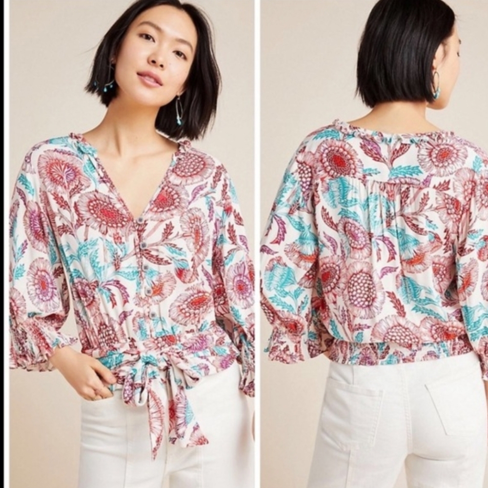 Tugboat By Anthropologie Floral Tie-Front Blouse - Pink/Teal